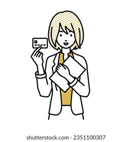 a woman in work jacket style holding a credit card and a document file laptop