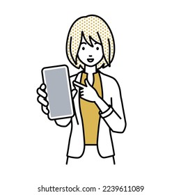 a woman in work jacket style recommending, proposing, showing and pointing smart phone mock-up screen with a smile