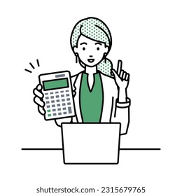 a woman in work jacket style recommending, proposing, showing estimates and pointing a calculator with a smile in front of laptop pc