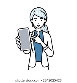 a woman in work jacket style recommending, proposing, showing and pointing smart phone mock-up screen with a smile