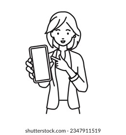 a woman in work jacket style recommending, proposing, showing and pointing smart phone mock-up screen with a smile