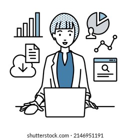 a woman in work jacket style using laptop computer for browsing web sites, researching, sharing files on cloud, analyzing, and making report at her desk