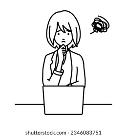 a woman in work jacket style using laptop computer having trouble with her finger on her chin at her desk