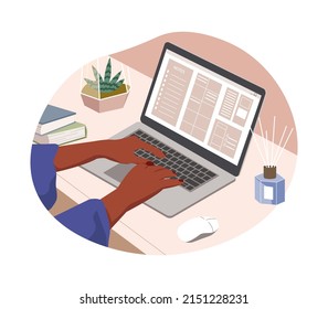 Woman work with laptop computer at desk. Female person making schedule or timetable on computer, taking notes, goals, hands filling out planner on device. Remote workplace vector flat  illustration