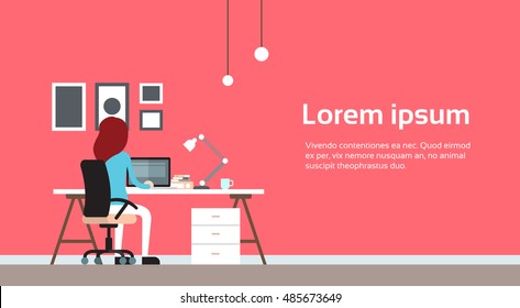 Woman Work Laptop Computer Office Business Workplace Back Rear View Flat Vector Illustration