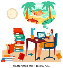 Woman Work Laptop But Dream About Beach, Tropical Travel, Female Lying Hammock, Ocean Shore, Isolated On White, Flat Vector Illustration. Stack Of Book, Desk, Clock On Wall. Web Design.