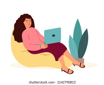 Woman work with laptop through internet.Freelance IT worker working online.Person Freelancer sitting in chair ,typing smth with computer on laps.Flat vector illustration isolated on white background