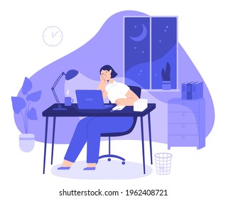 Woman work late at night. Tired female freelancer busy at computer overnight in home office with desk. Employee overtime work vector concept. Responsible girl overworking in dark room