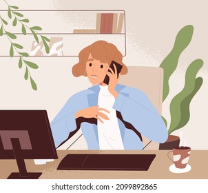 Woman work at office desk. Business person at computer at workplace. Employee speaking on mobile phone at table. Secretary talking on smartphone, sitting at desktop PC. Flat vector illustration