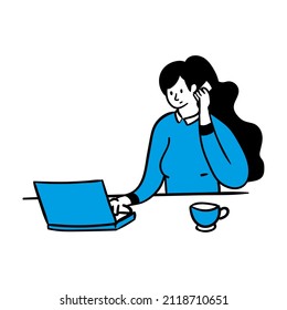 Woman work at office doodle, hand drawn people illustration
