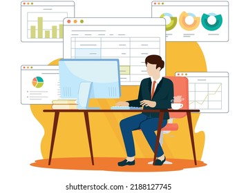 Woman work on business report, windows with data. Windows with sheets and diagrams. Analytics dashboard