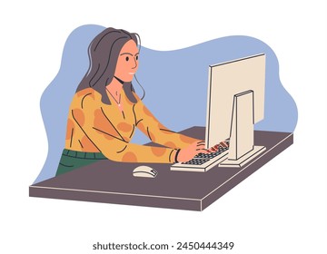 Mujer Trabaja en la Computadora en la Oficina o en el Hogar. Personaje femenino joven trabaja en el lugar de trabajo. Trabajador de oficina elegante en traje informal en el lugar de trabajo. Monitor, teclado y ratón. Ilustración vectorial plana de dibujos animados