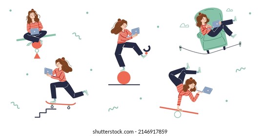 Woman work on laptop and balance on scale, ball, rope, and skateboard. Concept of multitasking, stability in job. Vector flat illustration of girl freelancer keep balance in different poses
