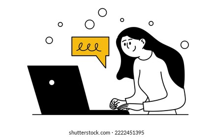 Woman work on laptop and business character workplace vector illustration. Internet work and freelance worker. Cartoon office freelancer and online communication. Remote workspace and networking