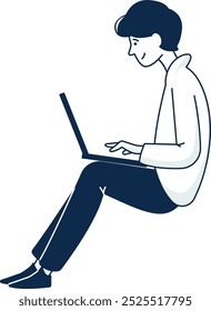 Woman work on laptop. Freelance line icon. Social media use