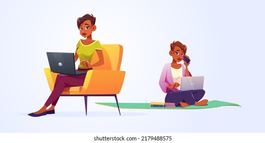 Woman work on laptop sitting on mat and chair. Concept of home office, freelance, remote job. Vector cartoon illustration of girl freelancer isolated on white background