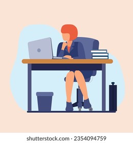 woman work on mac book on office table Pro vector Illustration Cartoon Character 