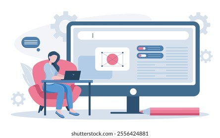 Woman work on website prototyping. Young girl creates ui and ux design elements for webpage. Graphic designer and freelancer. Flat vector illustration isolated on white background