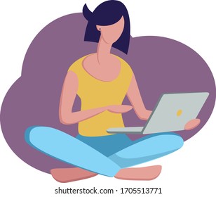 Woman work online at home or freelance. Home Office.Trendy flat vector illustration design for landing page, web, flyer, and banner. Stay home. Quarantine or self-isolation.  