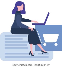 Woman work online on laptop vector ecommerce icon