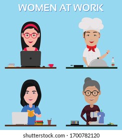 woman at Work - programmer, Cook, Teacher and Lady Tailor