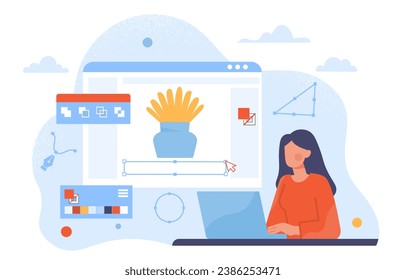 Woman work with vector graphic concept. Graphic designer or freelancer develop UI and UX design for website. Remote worker. Cartoon flat vector illustration isolated on white background