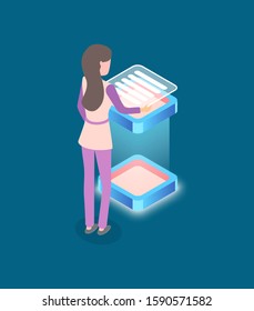 Woman at work vector, lady dealing with information on computer isometric 3d digital era of technology and advancement, business startup of project