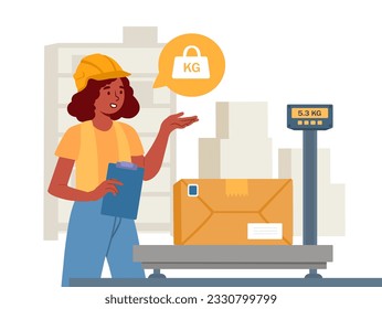 Woman work at warehouse concept. Young girl in uniform weighs package. Delivery of goods and postal items. Logistics and transportation, electronic commerce. Cartoon flat vector illustration