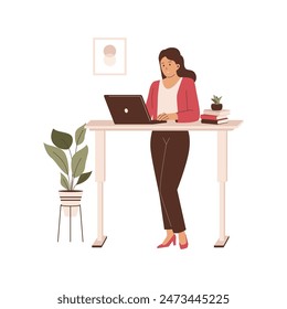 Woman work while standing at work desks. Illustration for websites, landing pages, mobile applications, posters and banners. Trendy flat vector illustration