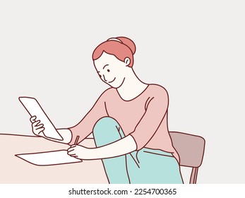 Woman work writing script in paper while sitting at home simple korean style illustration