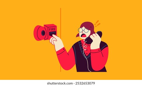 A woman worker activates the fire alarm and call fire brigade or internal security for fire emergency. Fire action at workplace. Flat cartoon illustration.