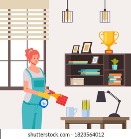 Woman worker cleaning room office concept. Vector flat graphic design illustration