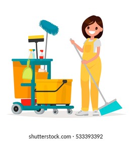 Woman worker of cleaning service is holding a mop. Vector illustration in a flat style.