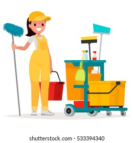 Woman worker of cleaning service is holding a mop and bucket. Vector illustration in a flat style