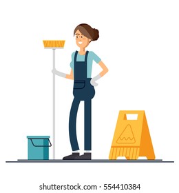 Woman worker of cleaning service is holding a mop and dressed in uniform on isolated background. Vector illustration in a flat style.