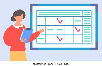 Woman worker with clipboard standing near office planner at wall and gesturing hand, planning office meetings. Table with tasks and checkmarks. Effectively events planning of work, work moments