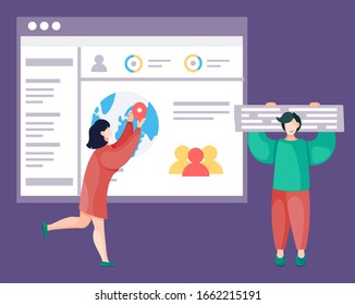Trabajadora comunicándose con la ubicación del sitio web. Carácter de persona que contiene un icono de tablero aislado en morado. Personas que trabajan con análisis de marketing de páginas web para crear ilustraciones empresariales