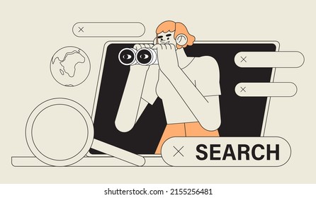 Woman worker or employee looking through binoculars. Business metaphore for search or research, development, web surfing. Trendy outline vector characters for web or ui design.