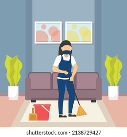 Woman worker is holding mop Concept, Interior hygiene vector icon design, Industrial cleaning service symbol, office and street caretaker Sign, maintenance appliance and equipment stock illustration