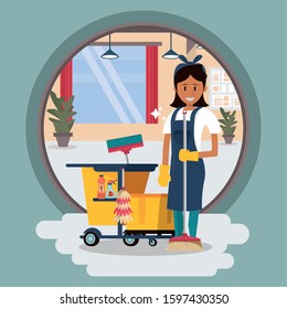 woman worker housekeeping with equipment vector illustration design