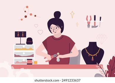 Woman worker makes jewelry by hand from precious metals, brilliants and diamonds. Jeweler at work. Female designer design and produces expensive accessories and jewelry. flat vector illustration