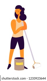 Woman worker in process of repairing room of people