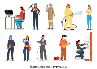 Woman worker set, coder or programmer, with pickaxe, industrial worker with walkie talkie, female fireman, office manager, lady foreman, with drill, holding grinder tool, repairing washing sink