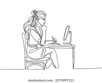 Woman Worker Silhouette Vector One Line Illustration on White Background. Female Working Line Art Drawing. Woman with Laptop Linear Minimalistic Drawing