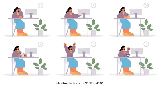 Woman worker sitting at desk with computer in office. Vector flat illustration of girl employee with different expressions, happy, pensive, use phone, eat food, with coffee and clipboard