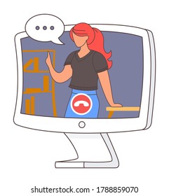 Woman worker talking through videocall. Video conference at computer monitor, online conversation with video. Red-haired girl with ponytail lean on table. Woman with bubble text cloud. Live stream
