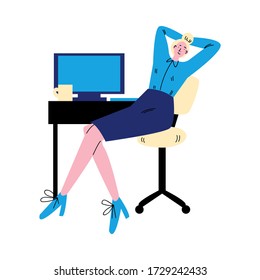 Woman worker working in office with computer vector illustration