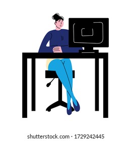Trabajadora en la oficina con monitor de computadora ilustración vectorial