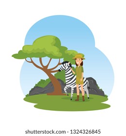 woman worker of zoo with zebra in the camp