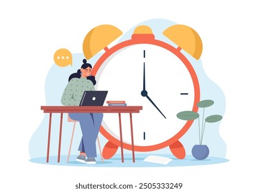 Woman with workflow scheduling. Young girl with laptop reads against backdrop of huge clock. Time management and planning, organizing effective work process. Flat vector illustration